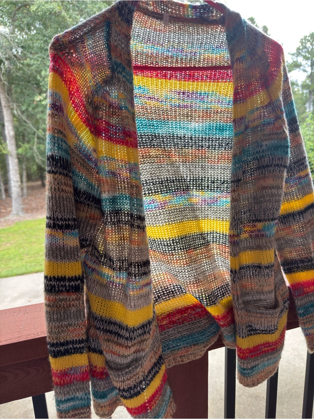 Source Unknown Multicolor Striped Open-Front Cardigan — Yellow, Teal, Red, Gray
